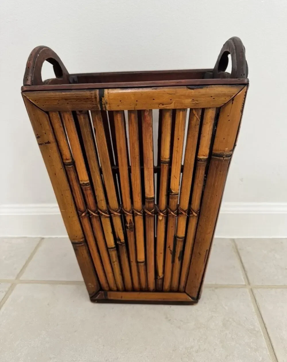 Vintage rattan waste basket trash can